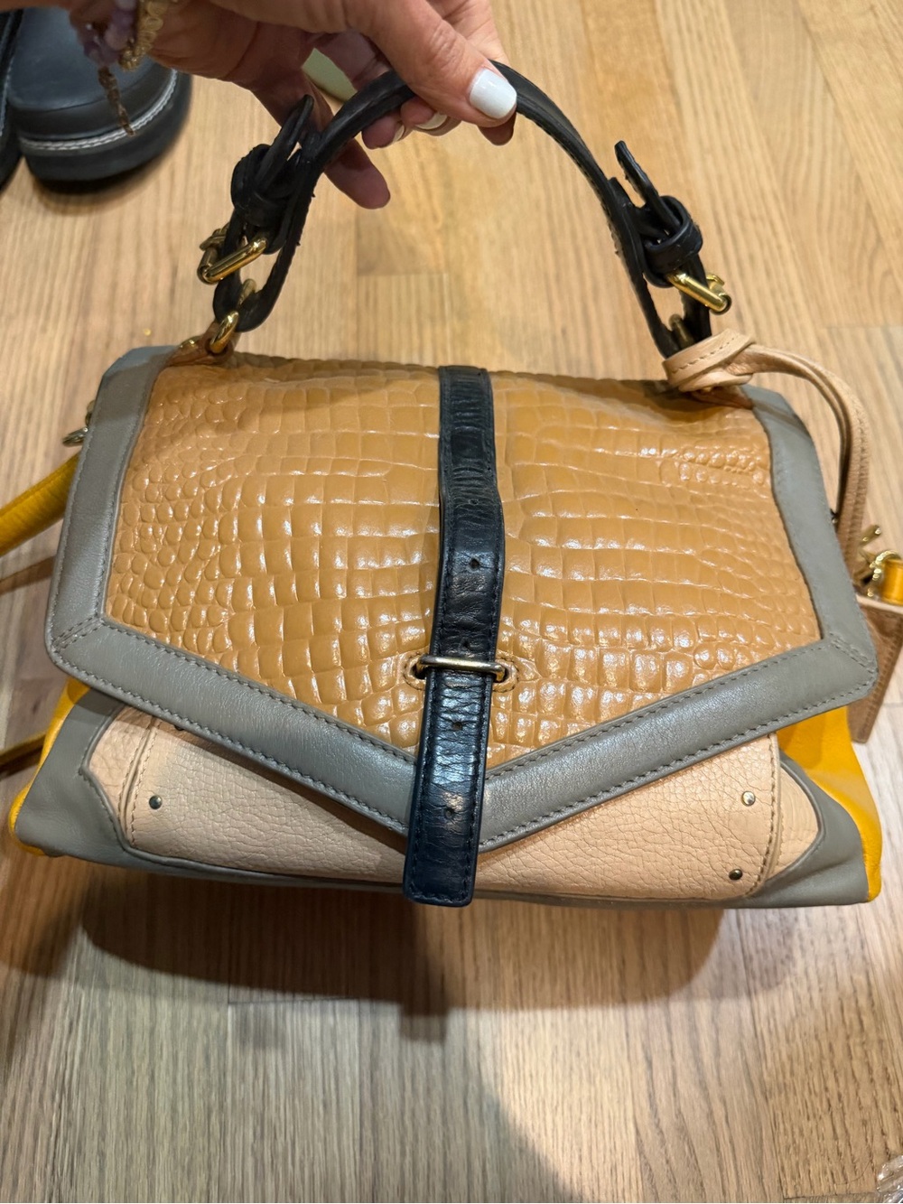 Tory Burch Multicolor Leather Satchel — Tan, Navy & Yellow Accents
